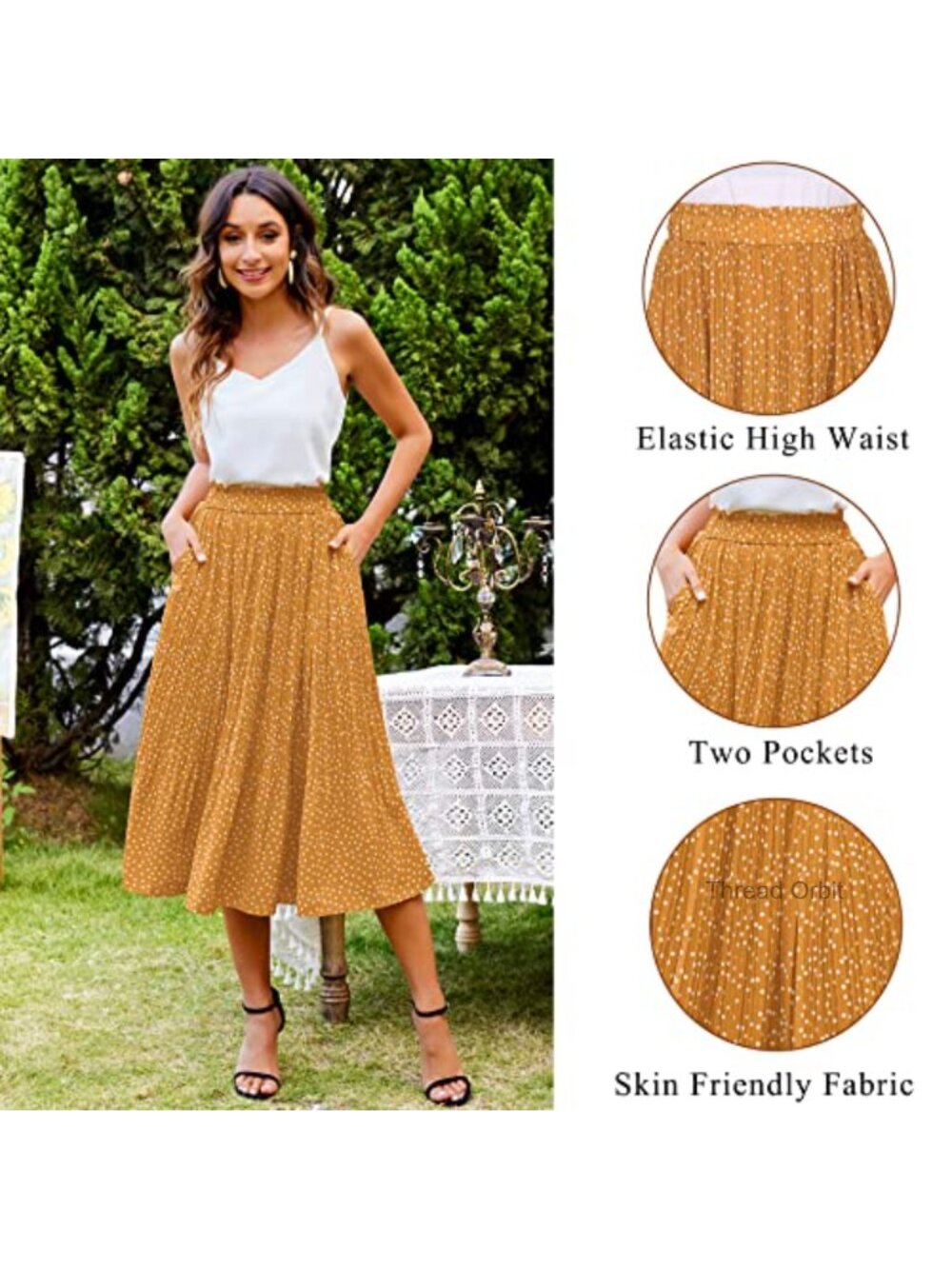 Women's High Waisted Pleated A-Line Midi Skirt with Pockets - Picture 5 of 6